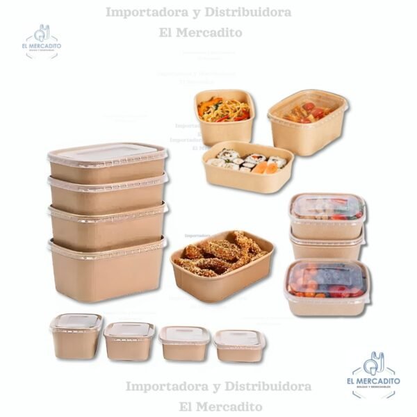 Cartón Bowl Rectargular Kraft Con Tapa Plástica Transparente en capacidades de 500 ml, 650 ml, 850 ml y 1.000 ml