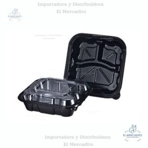 Contenedor 8X8 Plástico con 3 compartimientos, negro con tapa transparente PP-L8203
