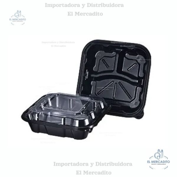 Contenedor 8X8 Plástico con 3 compartimientos, negro con tapa transparente PP-L8203