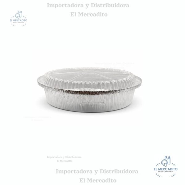 Contenedor-de-Plastico-Para-Pollo-Rostizado-14.jpg Molde de Aluminio Redondo #8, 2046 con Tapa Plástica Transparente, en paquetes de 10 unidades, diámetro 23 cm