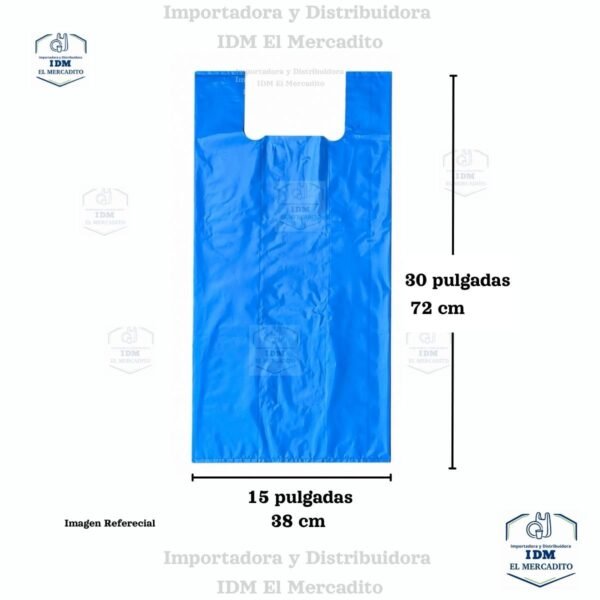 Bolsa plástica estilo camiseta reciclada azul económica, 15x30, 12x25, 10x20, 8x16, 7x14 pulgadas - 15x30