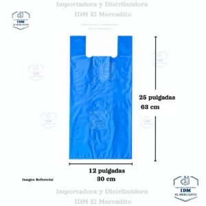 Bolsa plástica estilo camiseta reciclada azul económica, 15x30, 12x25, 10x20, 8x16, 7x14 pulgadas - 12x25