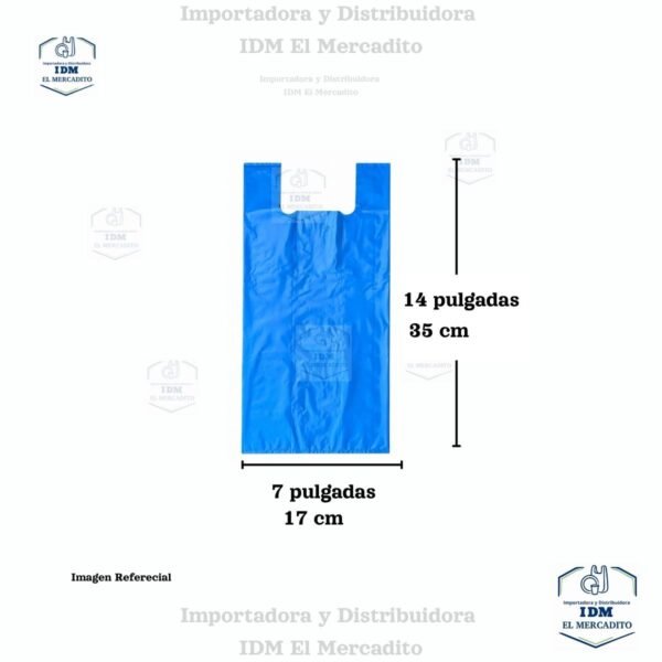 Bolsa plástica estilo camiseta reciclada azul económica, 15x30, 12x25, 10x20, 8x16, 7x14 pulgadas - 7x14