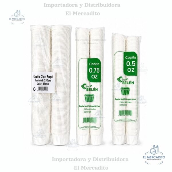 Copitas de Papel 2 oz, 0.75 oz, 0.5 oz, en paquetes de 250 unidades