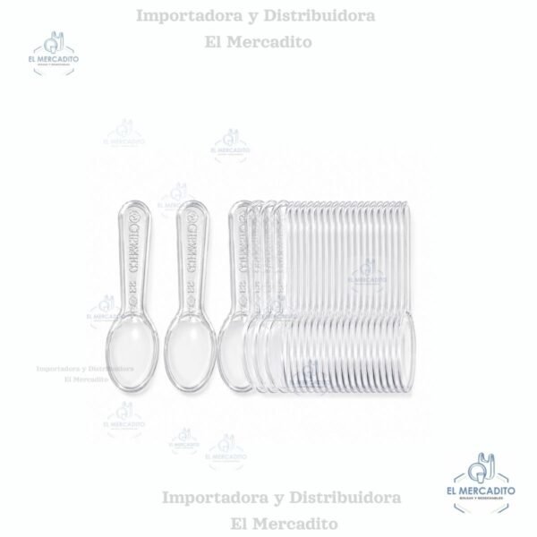 Cuchara plástica transparente, 7.5 cm, en paquetes de 25 unidades.