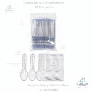 Cuchara plástica transparente, 7.5 cm, en paquetes de 25 unidades.