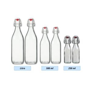 Botellas de vidrio con tapa abatible, con tapon plastico