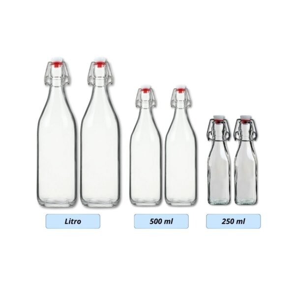 Botellas de vidrio con tapa abatible, con tapon plastico