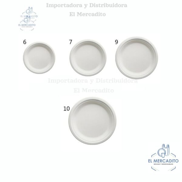 Platos Biodegradables Bagazo de Caña, #10, #9, #7, #6, en paquetes de 25 unidades