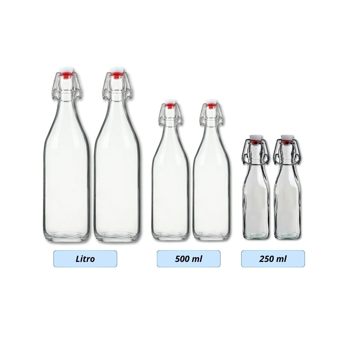 Botellas de vidrio con tapa abatible, con tapon plastico