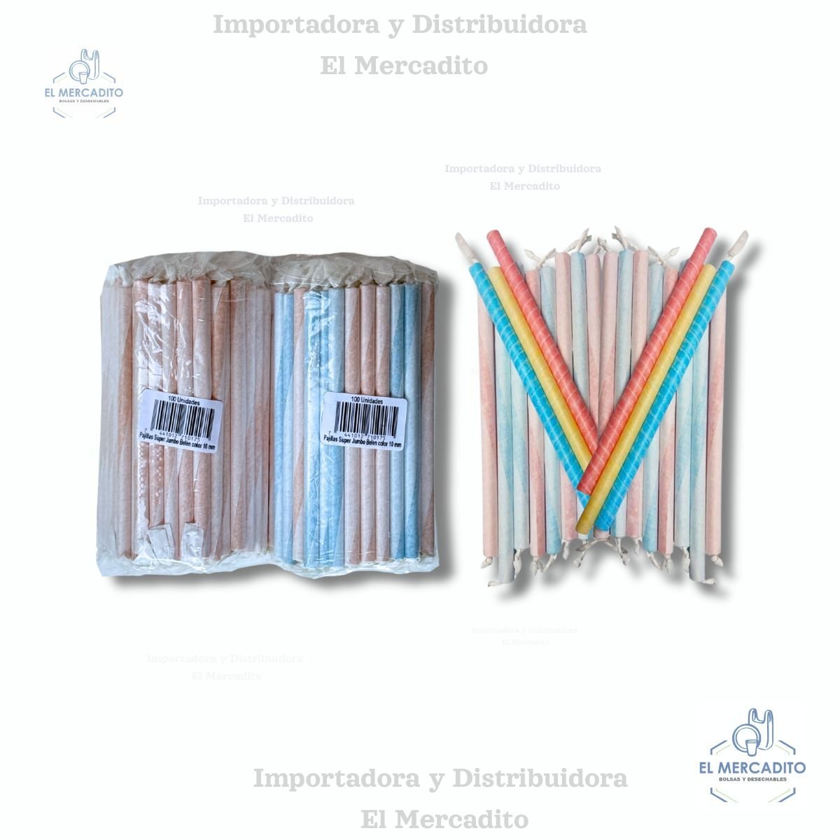 Pajillas Super Jumbo Belen de Colores 10 mm, en paquetes de 100 unidades