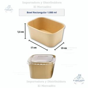 Cartón Bowl Rectargular Kraft Con Tapa Plástica Transparente en capacidades de 500 ml, 650 ml, 850 ml y 1.000 ml - 1.000 ml