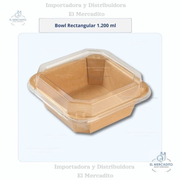Cartón Bowl Kraft Cuadrado  Con Tapa Transparente en capacidades de 300 ml, 500 ml, 750 ml, 1.000 ml y 1.200 ml - 1.200 ml