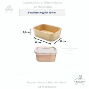 Cartón Bowl Rectargular Kraft Con Tapa Plástica Transparente en capacidades de 500 ml, 650 ml, 850 ml y 1.000 ml - 650 ml