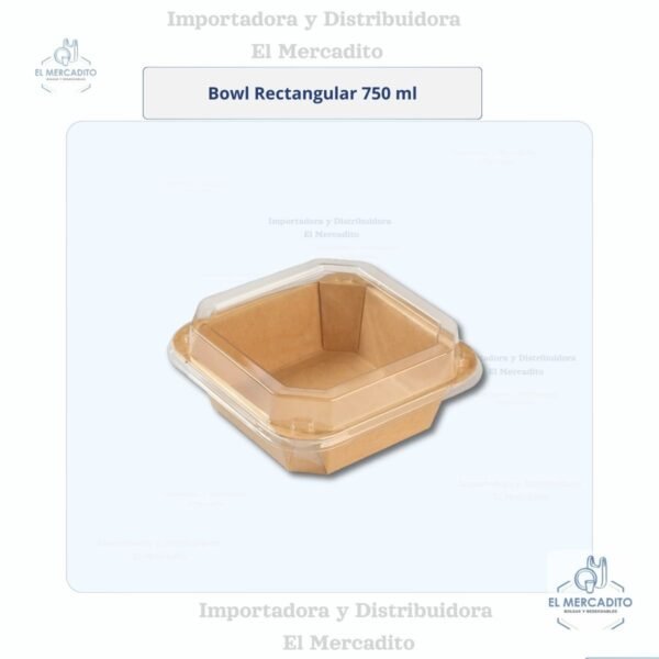 Cartón Bowl Kraft Cuadrado  Con Tapa Transparente en capacidades de 300 ml, 500 ml, 750 ml, 1.000 ml y 1.200 ml - 750 ml