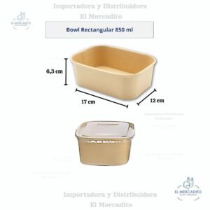Cartón Bowl Rectargular Kraft Con Tapa Plástica Transparente en capacidades de 500 ml, 650 ml, 850 ml y 1.000 ml - 850 ml